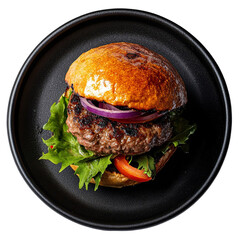 Top view of a delicious looking lamb burger on a dark dish isolated on a white transparent background