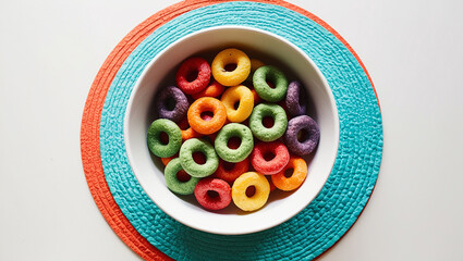 Colorful Cereal Rings in a White Bowl on Multi-Colored Placemats