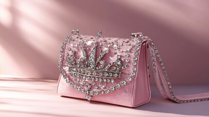 Elegant Pink Handbag with Crown Design and Sparkling Embellishments