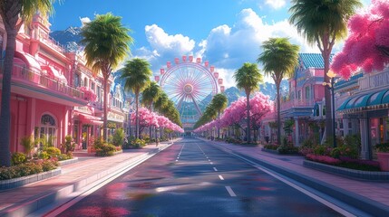 Obraz premium Pink street scene with Ferris wheel, palm trees, and cherry blossoms.
