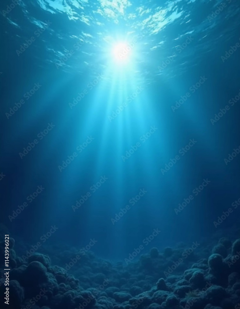 Poster Light filters through the surface of the deep blue sea, creating a serene atmosphere with vibrant rays reaching down into the water's depths during the day. Generative AI