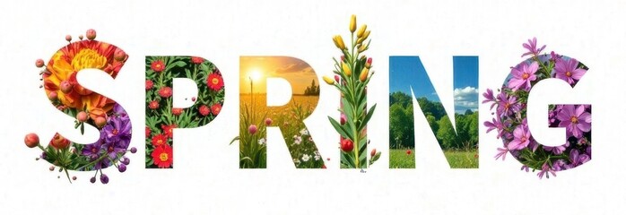 the word spring with a colorful image of nature inside the letters on a white background, the concept of the revival of nature, spring, spring mood