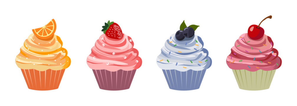 Set of delicious fruit cupcakes with cream and dope Strawberry, orange, cherry and blueberry. Vector illustration of dessert. Icons, stickers Isolated on white background.