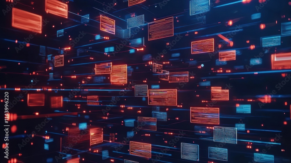 Poster abstract digital data visualization with glowing elements.
