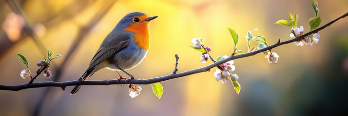 Obraz premium Robin Perched on Blooming Branch