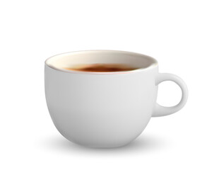 Realistic white coffee mug with hot drink, perfect for cafe branding, menu design, advertising, and social media