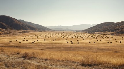 Serene Landscape with Hay Bales in Golden Field under Clear Sky