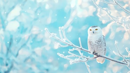 A snowy owl perched on a frost-covered tree branch in a winter forest.