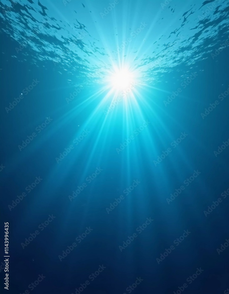 Poster light filters through the surface of the deep blue sea, creating a serene atmosphere with vibrant ra