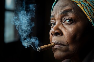 Woman in headscarf smoking a cigar, captured in a close-up portrait indoors