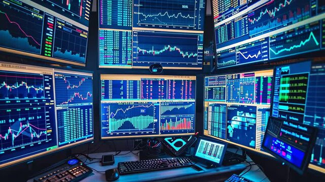 Traders analyze live financial data on multiple screens, displaying vibrant charts and graphs from various markets in a busy trading room.