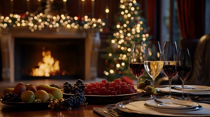 A table set for an elegant dinner with red wine, sparkling water, and a fruit platter.