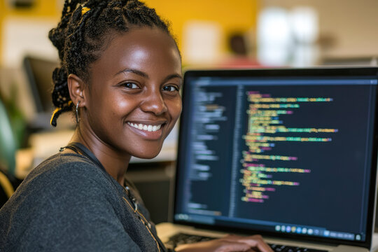 African female adult programmer smiling at office desk with code on screen