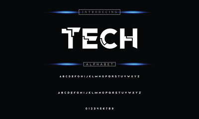 Modern abstract digital tech font. Logo creative font, type, technology, movie, digital, music, movie. Font and illustration in vector format.