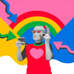 Elderly woman applying makeup in front of colorful pop-art style background. Vibrant and quirky design. Senior beauty and self-care. Concept of active elderly lifestyle, health care, wellness.