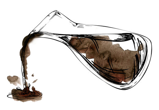 Hand drawn watercolor ink, transparent glass vase jar jug bottle pouring soy teriyaki sauce coffee with splash. Isolated illustration for wedding, cards, spa, florist shop, cafe restaurant, commerce.