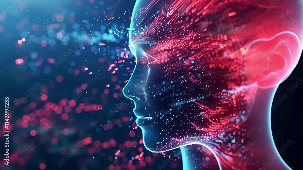 Poster artificial intelligence is forming from data streams, creating a futuristic concept related to machi