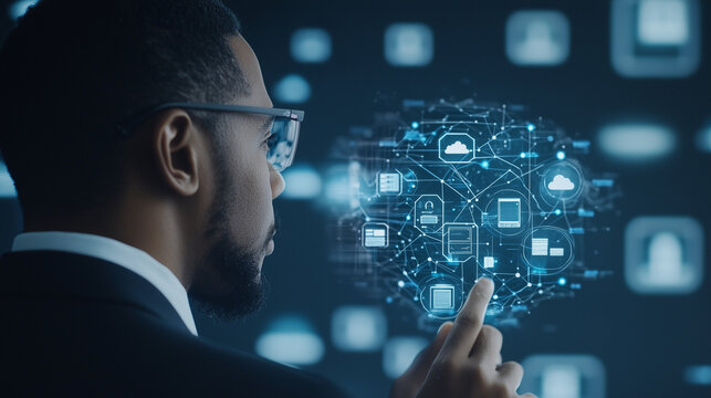 Tech Visionary: A focused businessman interacts with a futuristic holographic interface, showcasing cutting-edge technology and innovative digital solutions.