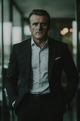 Fototapeta premium A mature businessman dressed in a bespoke suit stands confidently with an authoritative expression, set in a modern office environment with contemporary design elements.