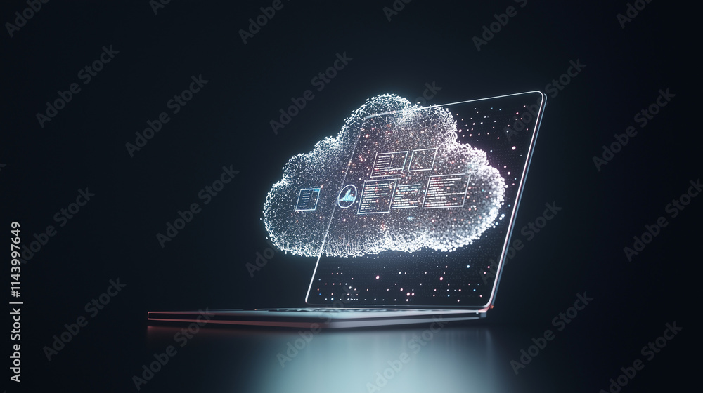 Poster cloud computing power: futuristic laptop with glowing cloud data transfer. digital transformation, n