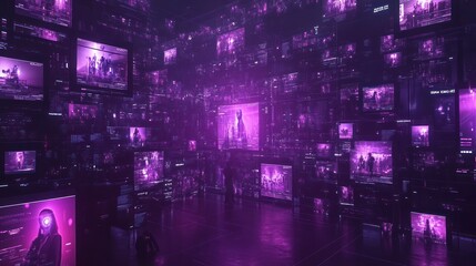 Futuristic purple digital screens surround two figures in a dark room.