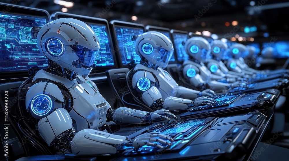 Poster futuristic robots working at computer consoles in a dark room.