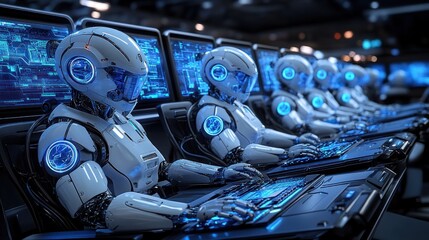 Futuristic robots working at computer consoles in a dark room.