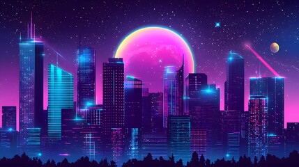 A vibrant cityscape silhouette of skyscrapers illuminated against a starry night sky with the moon
