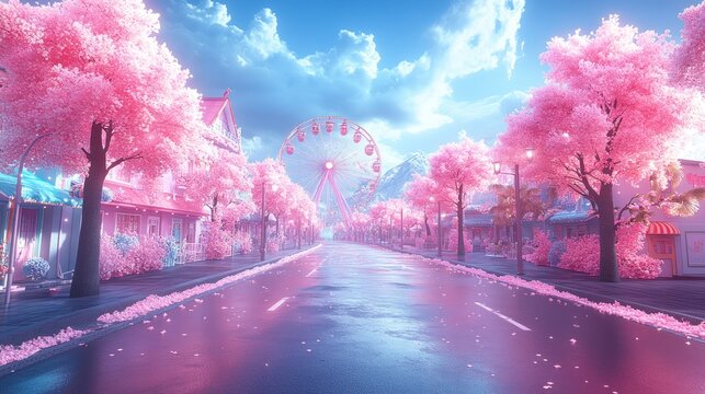 Pink cherry blossom street scene with Ferris wheel and mountains.