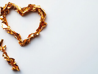 shiny golden heart shape made of crumpled foil on white background