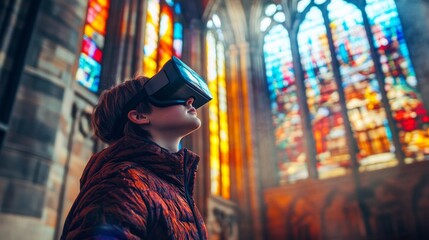 Obraz premium A young person immersed in a virtual reality experience stands inside a cathedral, gazing up in wonder at vibrant stained glass windows illuminating the space with bright colors.