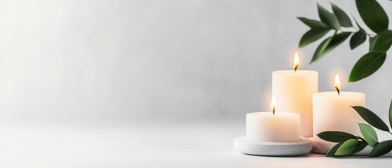 Calming white candles with green leaves create serene atmosphere