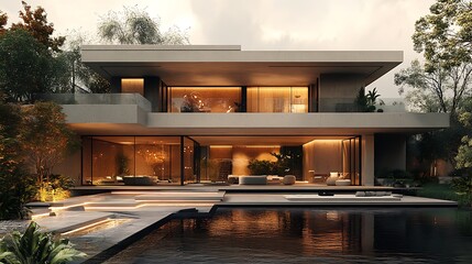 Luxurious modern villa with pool surrounded by lush greenery in serene forest images