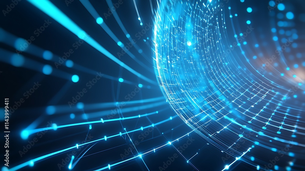 Poster Abstract blue light lines and glowing dots create a modern digital background concept