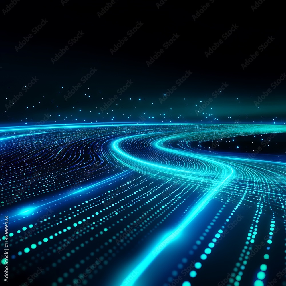 Poster abstract blue light trails with dots and particles on dark background for technology and design