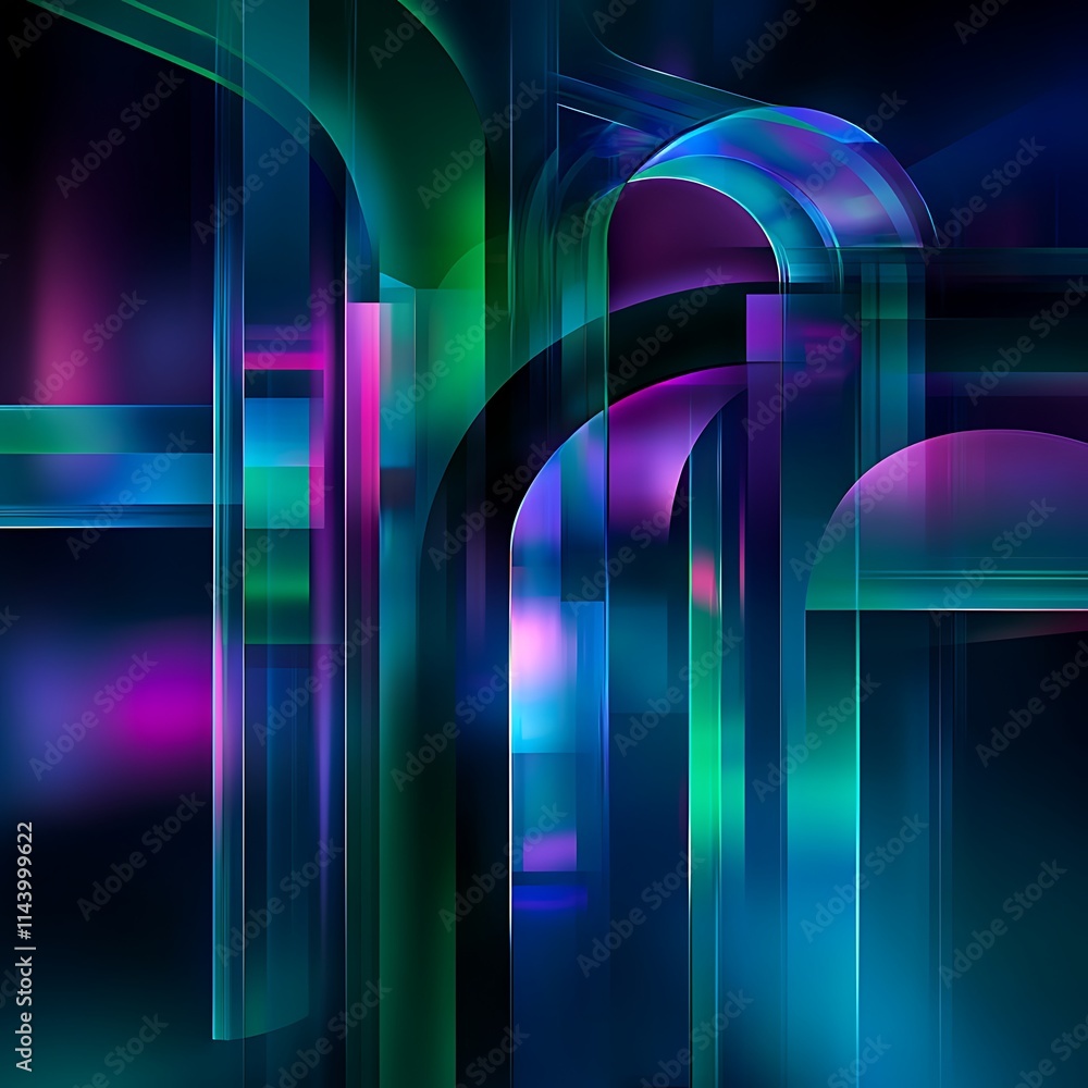 Poster abstract colorful geometry with glowing neon lines and shapes in digital art style
