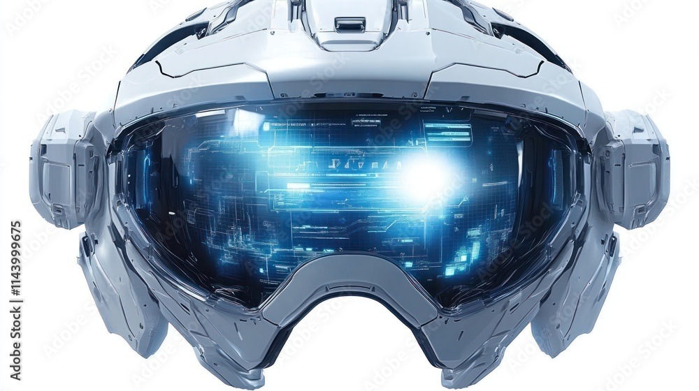 Poster futuristic silver helmet with illuminated visor displaying digital interface.