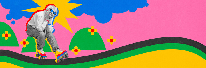 Stylish elderly woman roller skating down whimsical, colorful road against colorful abstract background. Contemporary art collage. Concept of active elderly lifestyle, health care, wellness. Pop art