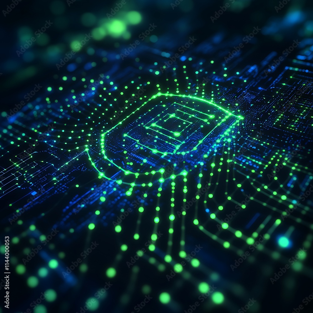 Aufkleber abstract digital circuit board with green and blue data connections and illuminated nodes