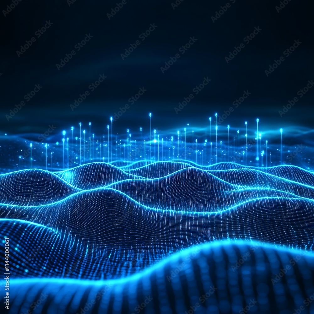 Aufkleber abstract digital landscape with flowing blue waves and glowing data points in 3d space