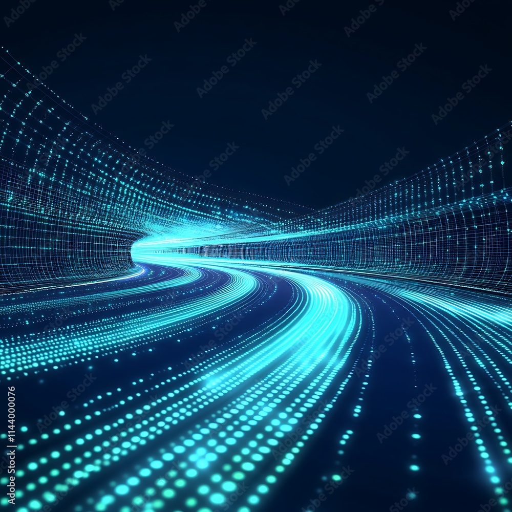 Poster abstract digital landscape with flowing lights and grid patterns in futuristic style