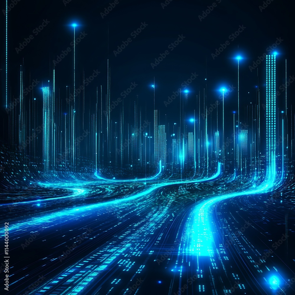 Poster abstract digital landscape with flowing lines and glowing particles in a futuristic environment
