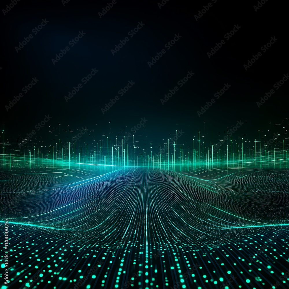 Poster abstract digital landscape with green neon lines and dots representing data flow and connectivity