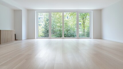 Empty bright room with large window and light wood floor.