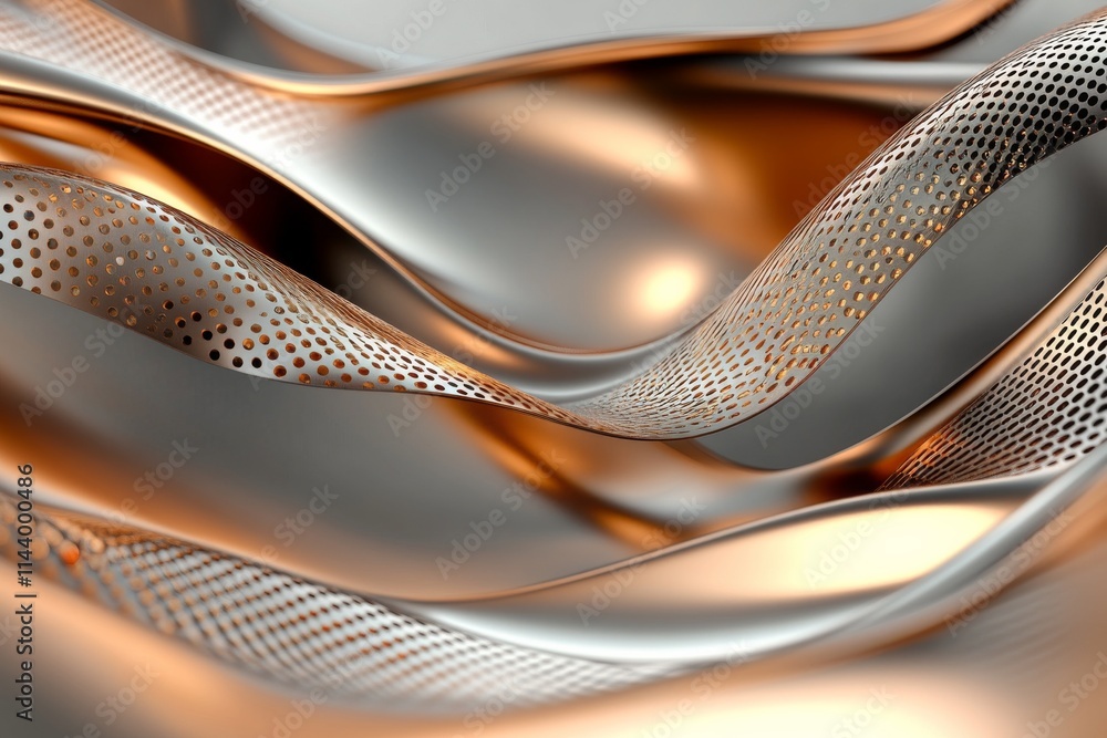 Poster flowing metallic ribbons in silver and copper hues create an abstract design showcasing texture and 