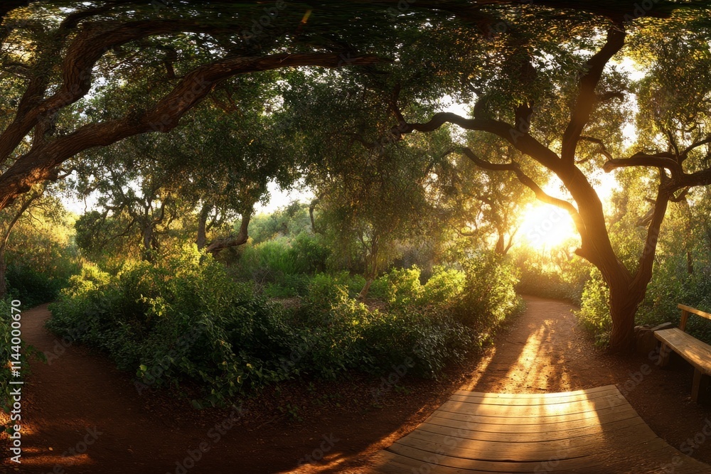 Poster sunlight filters through trees at a serene forest path during golden hour