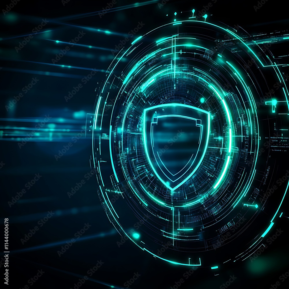 Poster abstract digital shield symbol within futuristic technology interface design background