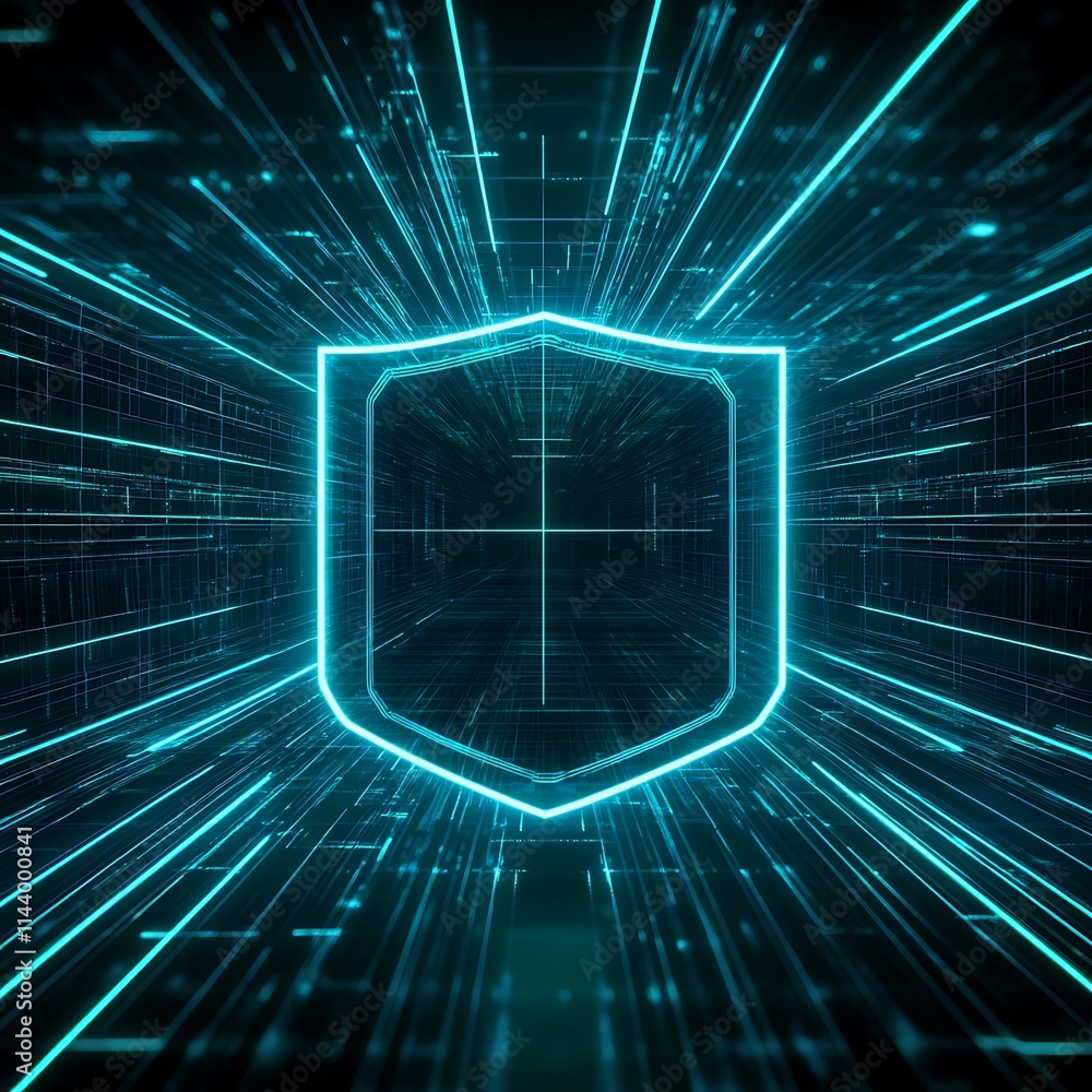 Poster abstract digital shield with neon lines and light trails in a high-tech background