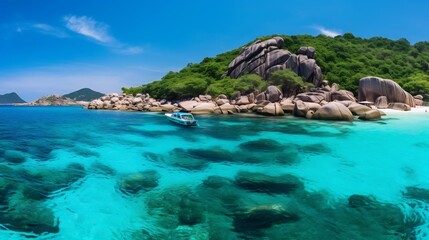 Fototapeta premium Breathtaking scenic view of the emerald colored crystal clear waters and pristine beaches of the remote and picturesque Similan Islands in Thailand a popular tropical vacation and diving destination