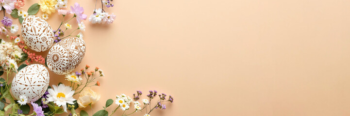 Brown and white Easter eggs in boho style with ethnic pattern and flowers on a beige background. The concept of a Happy Easter. Simple spring template, greeting card. Flat lay, top view.